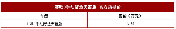 赛欧3手动舒适天窗版上市 售6.39万元